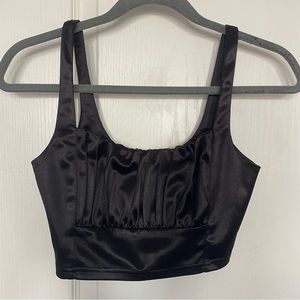 Black Satin Ruched Bustier Crop Top